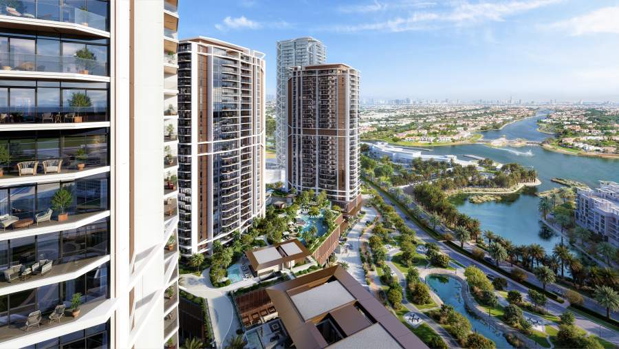 Balcony view over the lakes at Eltiera Views, Jumeirah Islands