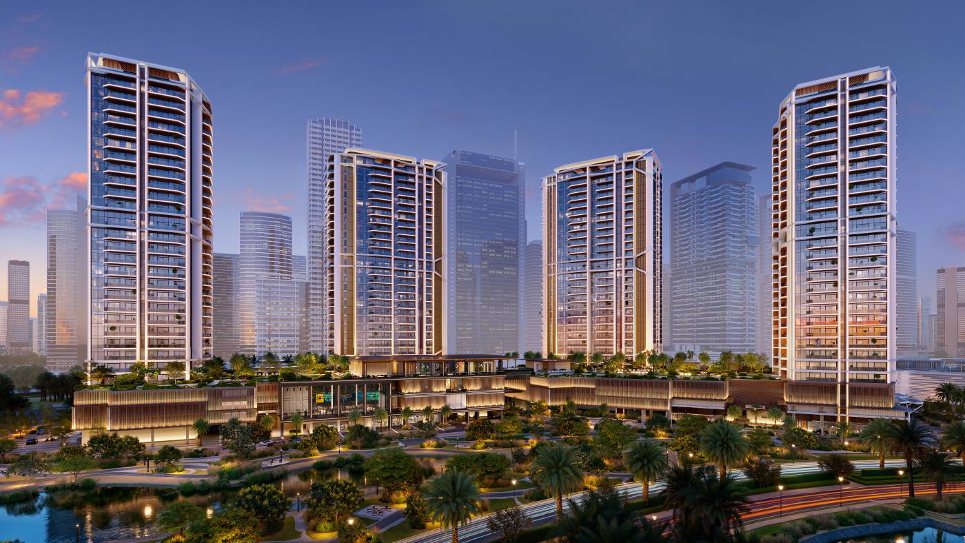 Eltiera Views by Ellington — four lakeside towers at Jumeirah Islands, JLT, at dusk